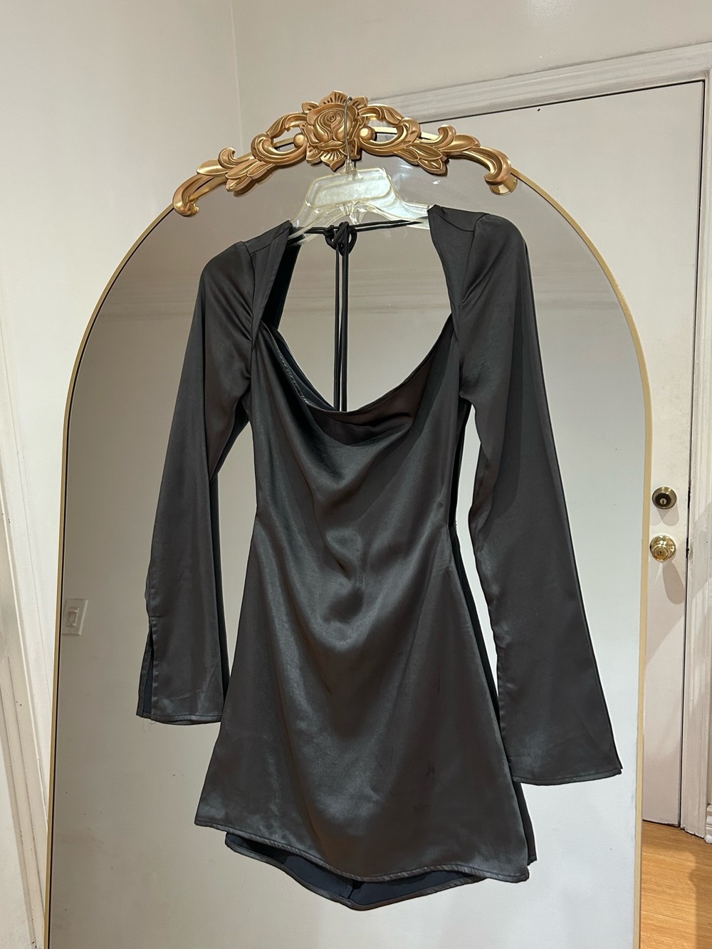 Princess Polly Satin Black Backless Tie Back Design Cowl Neck Mini Dress, Size 2